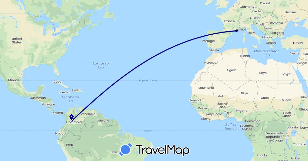 TravelMap itinerary: driving in Colombia, France (Europe, South America)